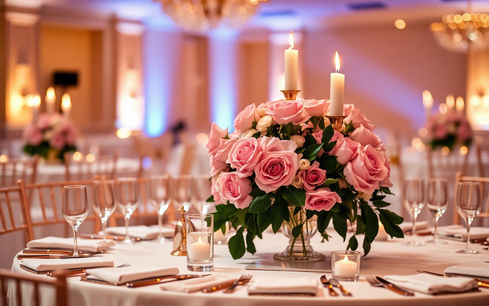 Elegant gala table setting with pink roses