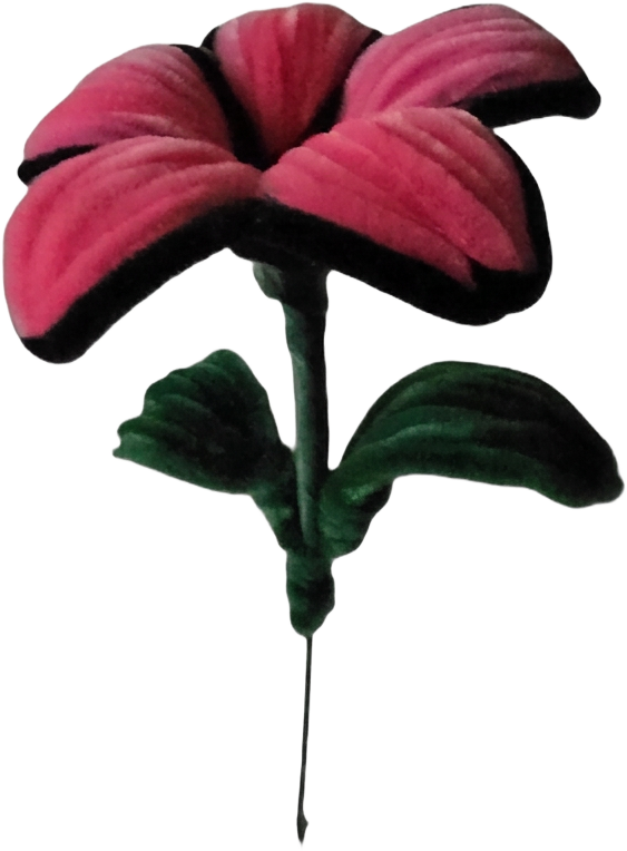 Handmade pink keepsake flower with black trim and green leaves